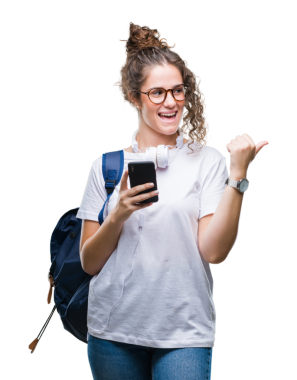 Genç kız cep telefonu kullanıyor ve gülümsüyor, şeffaf arka planda baş parmak işareti yapıyor.