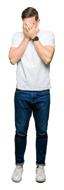 Mutsuz genç adamın portresi şeffaf arka planda yüzünü kapatıyor. 