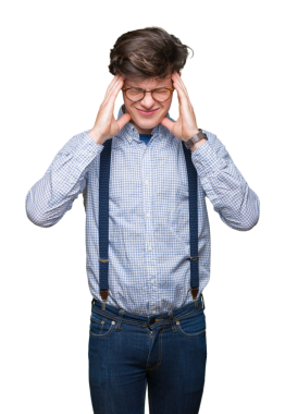 Şeffaf arka planda baş ağrısı çeken bir adam.   