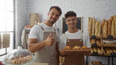 İspanyol erkek fırıncılar bir fırında gülümserken, bir aşçı başparmak hareketi yaparken diğeri bir tepsi taze kruvasan tutarken, ekmek arkaplanına karşı.