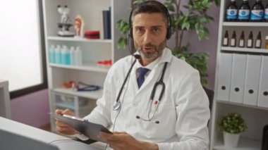 Tıbbi ekipman ve bitkilerle çevrili modern klinikteki belgeleri inceleyen kulaklıklı beyaz önlüklü doktor, profesyonel sağlık hizmetlerini gösteriyor..