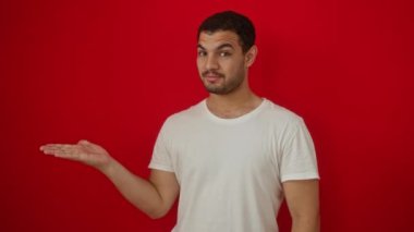 Beyaz tişört giyen genç İspanyol adam ayakta duruyor ve elinde elinle sunuyor, gülümsüyor ve izole edilmiş kırmızı arkaplanı işaret ediyor.