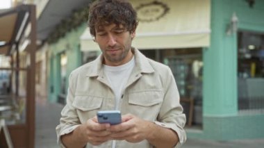 Şehir sokağında akıllı telefon kullanan, sıradan bir ceket giyen ve arka planda binalar olan şehir ortamında dikilen genç adam odaklanma ve konsantrasyon gösteriyor.