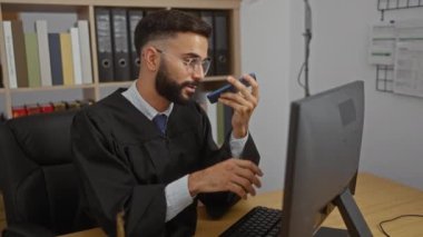 Ofiste çalışan yargıç, bilgisayar başında otururken, kitap rafları ve belgelerle çevrili bir şekilde telefona konuşuyor..