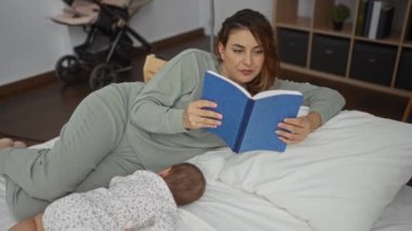 Bir kadın yatak odasında kitap okurken, kızı yakınlarda uyuyor, aile içinde sevgi ve sakinlik tasvir ediyor..