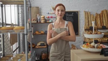 Kızıl saçlı kadın kolları çapraz bir fırında duruyor. Etrafı ekmek ve hamur işleriyle çevrili..