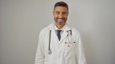 Doktor, basit beyaz bir arkaplanda kameraya sıcak bir şekilde el sallıyor ve gülümsüyor, steteskop ve temiz bir laboratuvar önlüğü giyiyor, profesyonel bir hoş geldin davranışı sergiliyor..