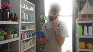 Sakallı genç adam çeşitli dekorasyon ürünleriyle çevrili bir mağazada akıllı telefon ve tablet kullanıyor.