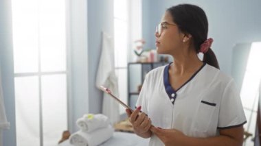 Spa odasında elinde pano tutan, üniformalı bir kadın, durgun bir sağlık ortamında durarak düzenli bir şekilde havluların yanında duran parlak ve rahatlatıcı bir iç mekan..