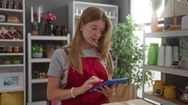 Kırmızı önlüklü genç kadın çeşitli eşyalar ve yeşilliklerle dolu dekoratif bir mağazada tablet kullanıyor.
