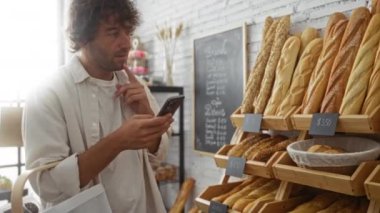 Fırında telefon alışverişi yapan genç bir adam. Raflarda zanaatkar ekmeği ve fiyat etiketleri sergileniyor.