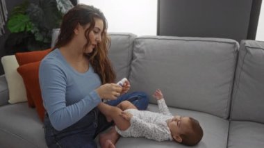 Kanepede otururken bebek ayaklarına krem süren bir kadın rahat bir oturma odasında şefkatli anne çocuk bağı yakalıyor..