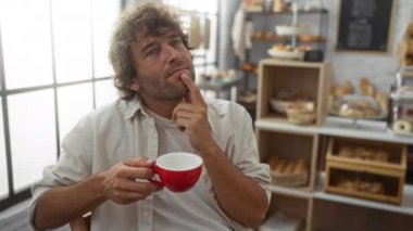 Masada kahve içen genç adam, mutlu bir fikirle aydınlanmış, söz konusu olan parmak, kahve dükkanındaki bir numaralı gülümseme.