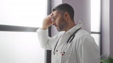 Bir hastane kliniğinde steteskopla dikilen İspanyol erkek doktor düşünceli ve stresli görünüyor profesyonel bir ortamda pencereden dışarı bakıyor..