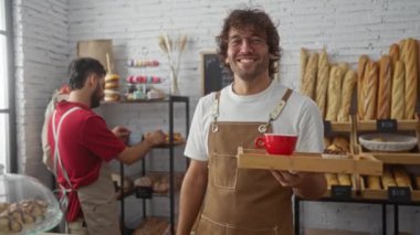 Önlük tepsisinde gülümseyen bir adam sıcak fırında kahve ve ekmek yerken diğer adam arka planda hamur işlerini düzenliyor.