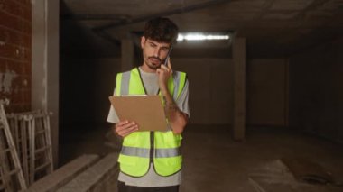 Elinde dosya tutan ve inşaat alanında ciddi bir ifadeyle telefonla konuşan genç bir adam..