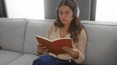 Kulaklık takan kadın, modern bir oturma odasında rahat bir kanepede kitap okuyor ve dinlenme anı yakalıyor..