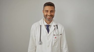 Dost canlısı doktor steteskop gülüşü takıyor. Sade bir arka plana karşı güvenle gülümsüyor. Profesyonel bir portrede başparmak kaldırıyor.