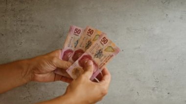 Elleri beton zeminde Meksika pezosu sayan bir adam.