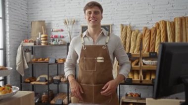 Fırın odasında gururla duran genç adam çeşitli ekmek ve hamur işleri sergileniyor.