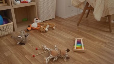 Adam modern oturma odasında ahşap zemini olan oyuncakları toplar, doldurulmuş hayvanları ve ksilofonu sepete koyar, kot pantolon ve deri ayakkabılar giyer, ev yaşamını gözler önüne serer..