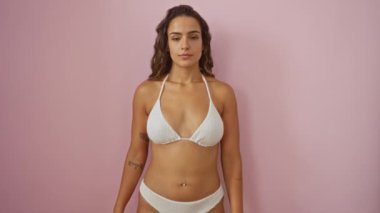 Bikini giyen genç bir kadın baş ağrısı ve yorgunluk nedeniyle gözlerini ve burnunu ovuşturuyor, yorgun ve stresli hissediyor, pembe arka planda izole edilmiş.