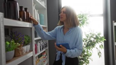 Bir ev dekorasyonu mağazasında elinde tabletle envanterleri kontrol eden genç bir kadın.