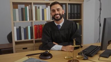 Yargıç kılığındaki İspanyol genç adam elinde hukuk kitaplarıyla masada oturuyor.