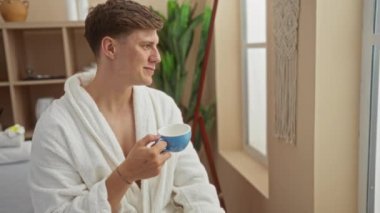 Kaplıcada beyaz bornoz giyen genç bir adam mavi bardaktan içerken bir sağlık merkezinde dinleniyor..