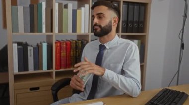 Kapalı ofis ortamında para sayan yakışıklı genç bir adam ve arka planda kitap rafları var.