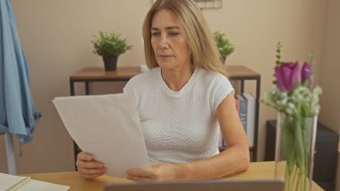 Yetişkin bir kadın, arka planda dizüstü bilgisayarı, not defteri, çiçekleri ve dekoru olan evrak okuyor..
