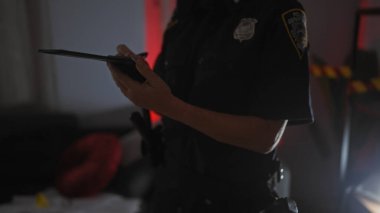 Kadın bir polis memuru elinde bir defter tutarak karanlık bir suç mahallini araştırıyor..