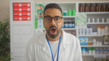 Bir eczanede arka planda raflar dolusu ürünle dikilen İspanyol erkek eczacı şok oldu..