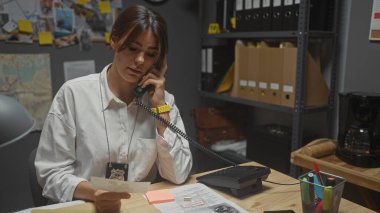 Ofiste genç bir kadın dedektif, soruşturma ipuçları arasında telefonla konuşurken belgeleri inceliyor..
