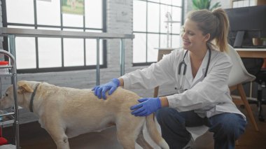 Beyaz önlüklü gülümseyen bir kadın, parlak bir veteriner kliniğinde sarı bir köpeği muayene ediyor..