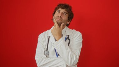 Young male doctor with thoughtful expression on isolated red background wearing white coat and stethoscope posing confidently as an attractive professional portrait clipart