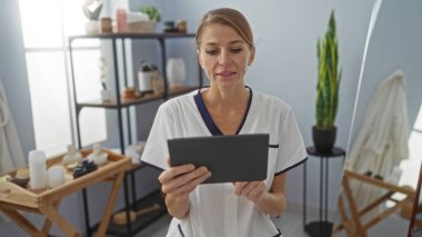 Kaplıca odasında üniformalı bir kadın, elinde tablet, sağlık ürünleri ve kapalı alanda serinletici bir ortamda bitkilerle profesyonel ortam ve rahatlama sağlıyor..