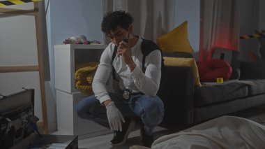 İspanyol dedektif olay yerinde elinde kanıt, telsiz, kamera, eldiven ve oturma odasıyla çömelmiş bekliyor.