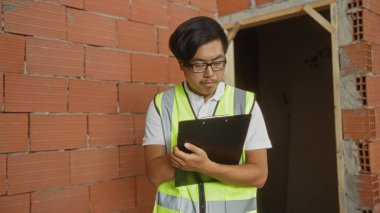 Yansıtıcı yelek giyerken evin içinde notlar alan genç bir adam.