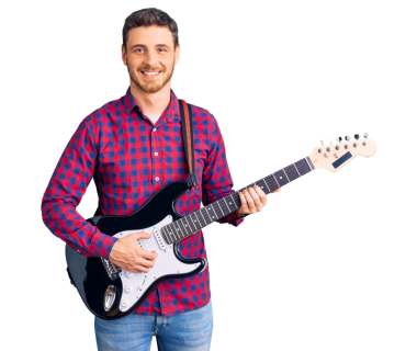 Elektro gitar çalan genç adam.