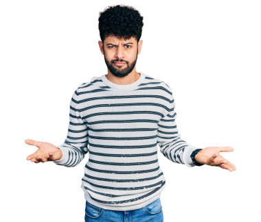 Sakallı, günlük kıyafetler giyen, şeffaf arka planda kafası karışmış genç İspanyol bir adam.