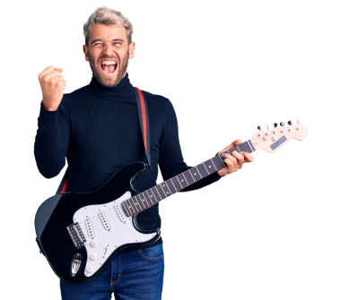 Genç yakışıklı adamın portresi gülümseyen ve şeffaf arka planda gitar çalan