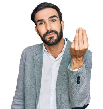 Yakışıklı genç adam şeffaf arkaplanda italyan jesti yapıyor.