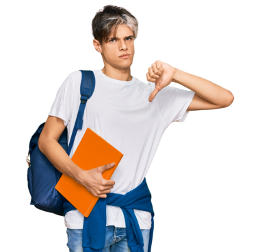 Mutsuz bir öğrencinin portresi şeffaf arka planda baş parmağını gösteriyor.           