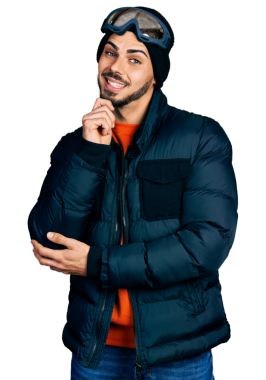 Şeffaf arkaplanda kışlık ceketli genç bir adamın portresi.                  