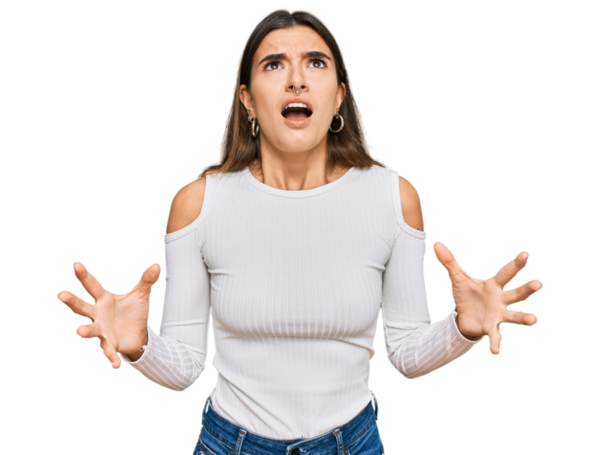 beautiful young woman shouting and screaming on white background