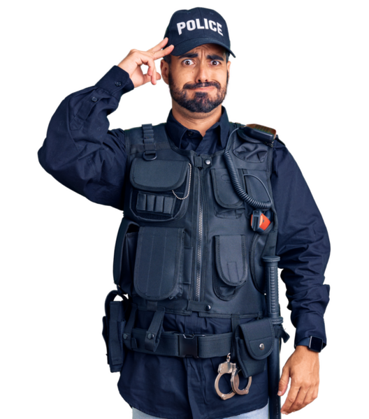 Genç bir polis şeffaf arka planda üniforma giyiyor.