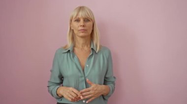 Şaşırmış orta yaşlı sarışın kadın tişört giyiyor, ağzı açık, pembe arka planda güvensizlik içinde duruyor.