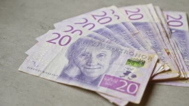 İsveç 20 krona banknotları, tasarım ve güvenlik özelliklerini gösteren beton bir yüzeye güzelce yayılmış..