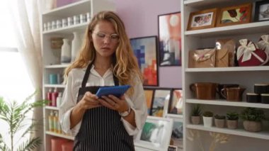 Bir ev dekorasyonu mağazasında çalışan genç bir kadın, şık dekorasyonlar, bitkiler ve çerçeveli sanat eserleriyle çevrili bir tablet kullanarak, modern iç dekorasyon ortamına sahip bir iç mekan dekorasyonu sergiliyor.